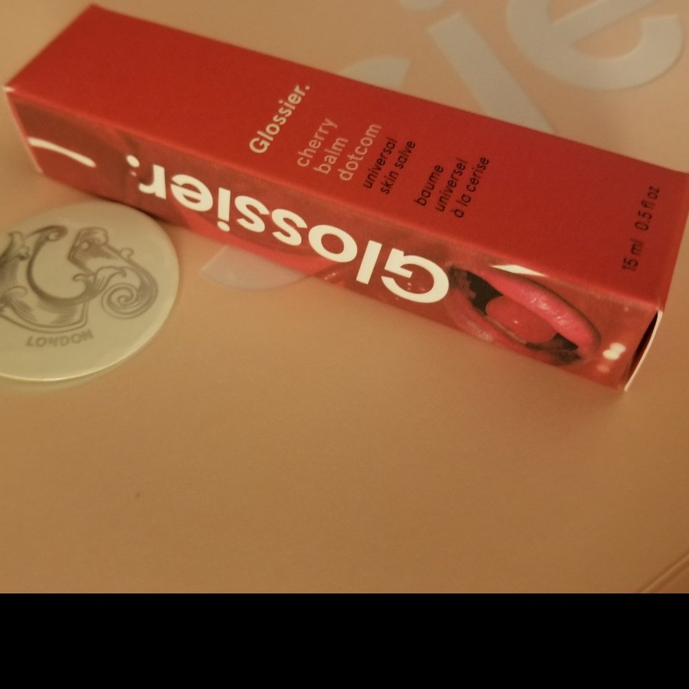 Glossier Cherry Balm dotcom with exclusive 2023 Glossier London sticker